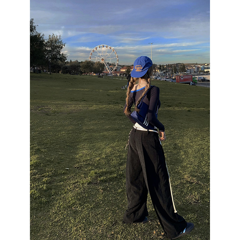 Tongiiuu 周末随想 蕾丝花边灯芯绒阔腿女高腰直筒宽松休闲长裤秋