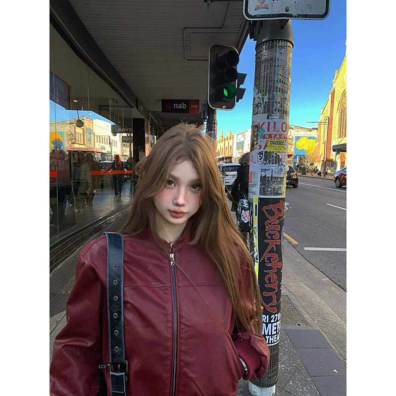 Tongiiuu 休斯顿街区 美式复古pu皮衣外套女宽松显瘦机车夹克上衣