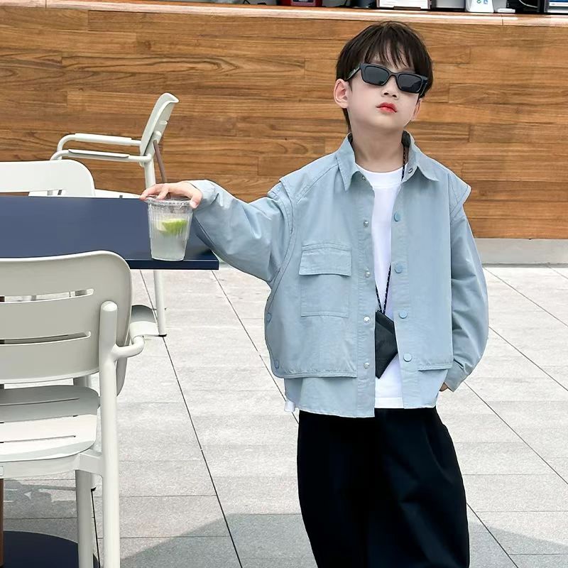 儿童春装假两件衬衫2025春季中大童新款洋气外套男女童时髦上衣潮
