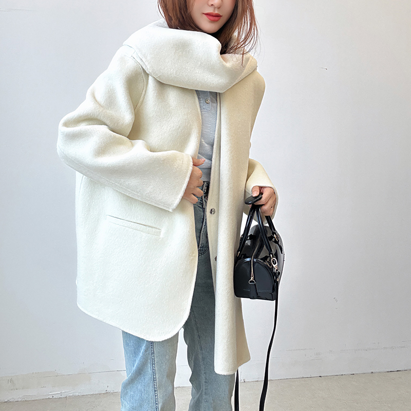 韩版围巾款双面呢大衣小个子宽松气质毛呢外套2025秋冬新款