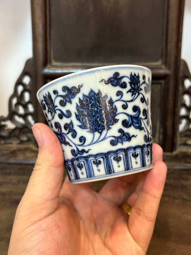 柴窑手工手绘缠枝金刚莲青花瓷陶瓷茶器复古家用纯手工主人杯