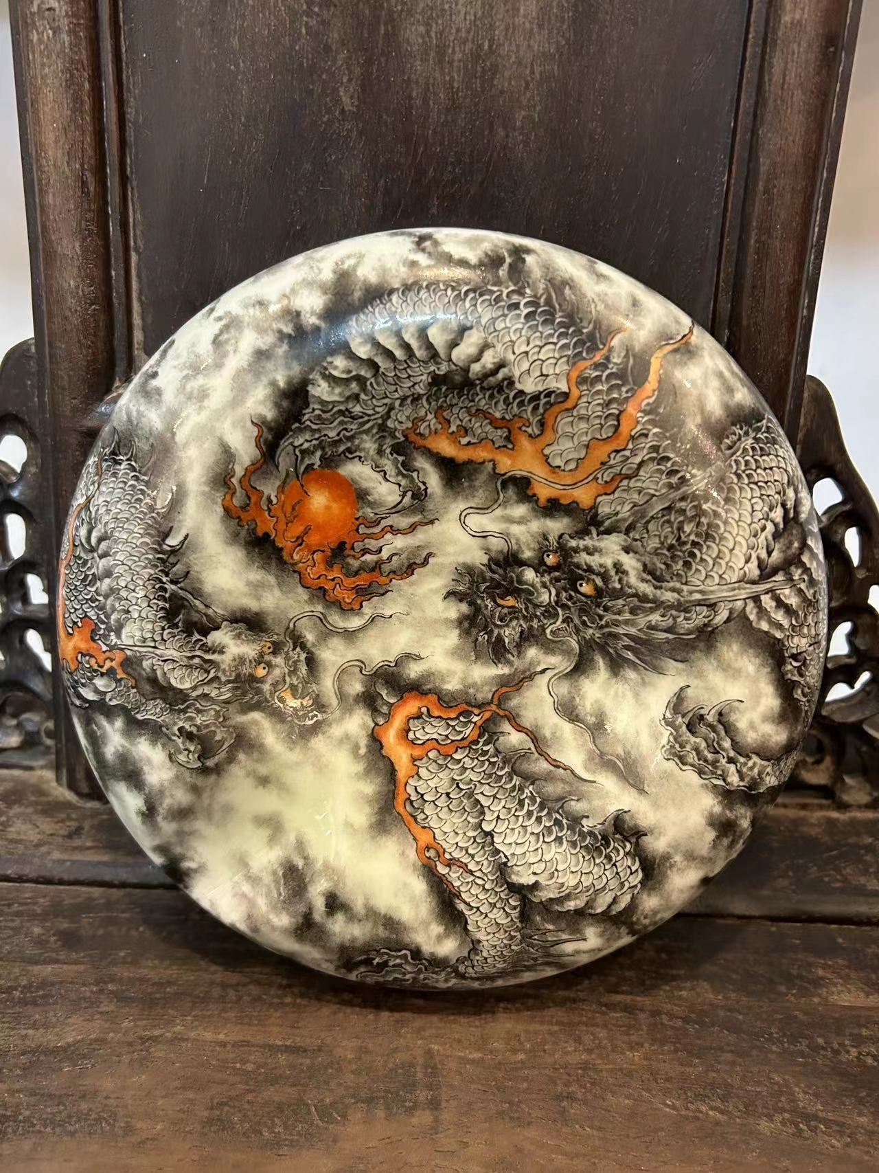 手工手绘墨彩苍龙教子墨龙茄子缸