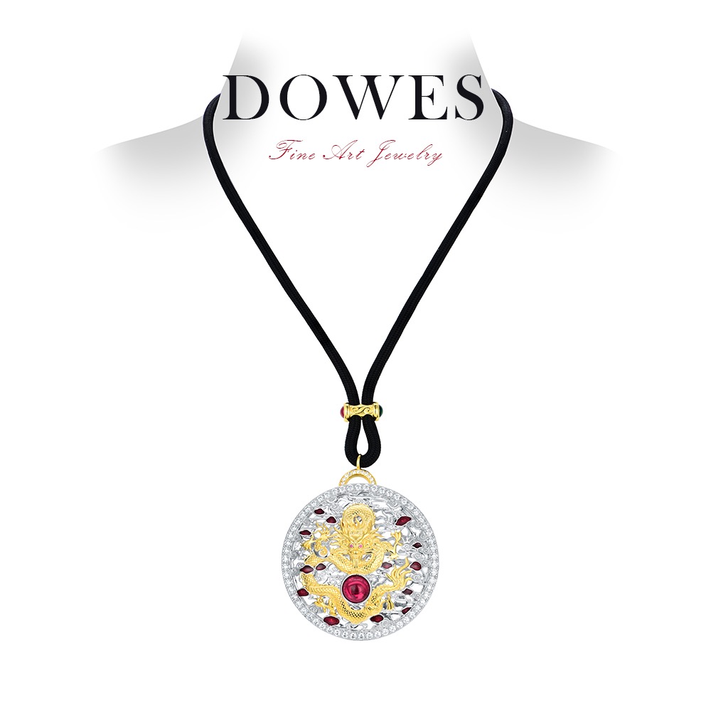 DOWES 链子925银合成锆石 金龙戏珠金色龍牌吊坠