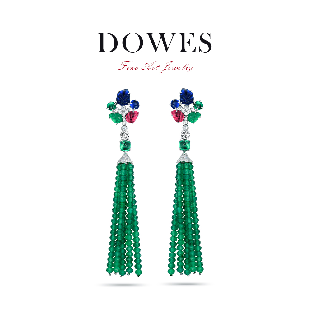 925银合成锆石耳饰 绿流苏豪华水果锦囊绿流苏长款手工雕刻耳坠