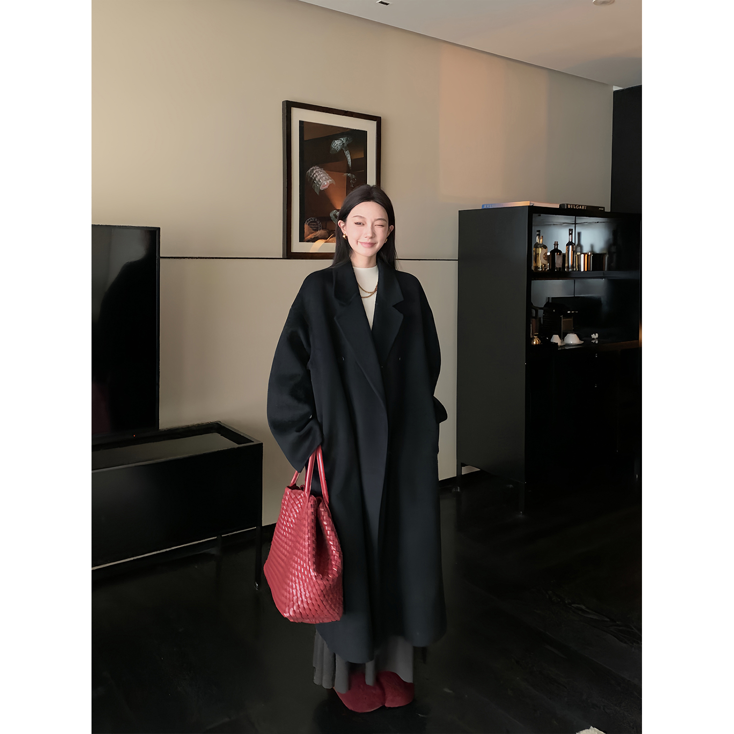 区区欧阳黑标静奢大衣双面呢大衣女冬季新款小个子中长款呢子加