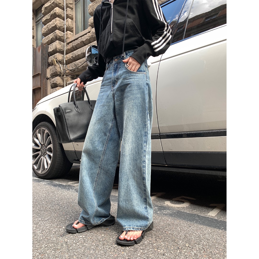 区区欧阳复古牛仔裤女秋季高腰宽松直筒裤显瘦阔腿裤长裤拖地裤子