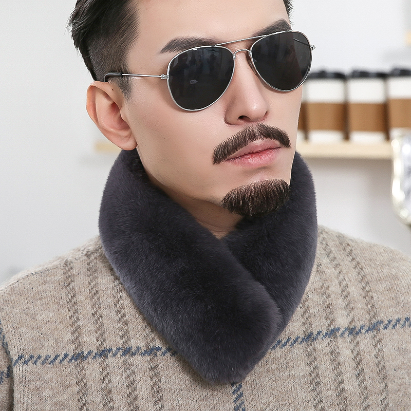 整皮獭兔毛围脖男冬季加厚保暖护颈户外中老年人双面吸扣皮草围巾