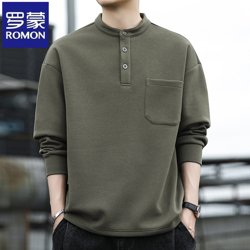 罗蒙春秋季休闲男士宽松体恤圆领纯色长袖卫衣韩版时尚中青年上衣