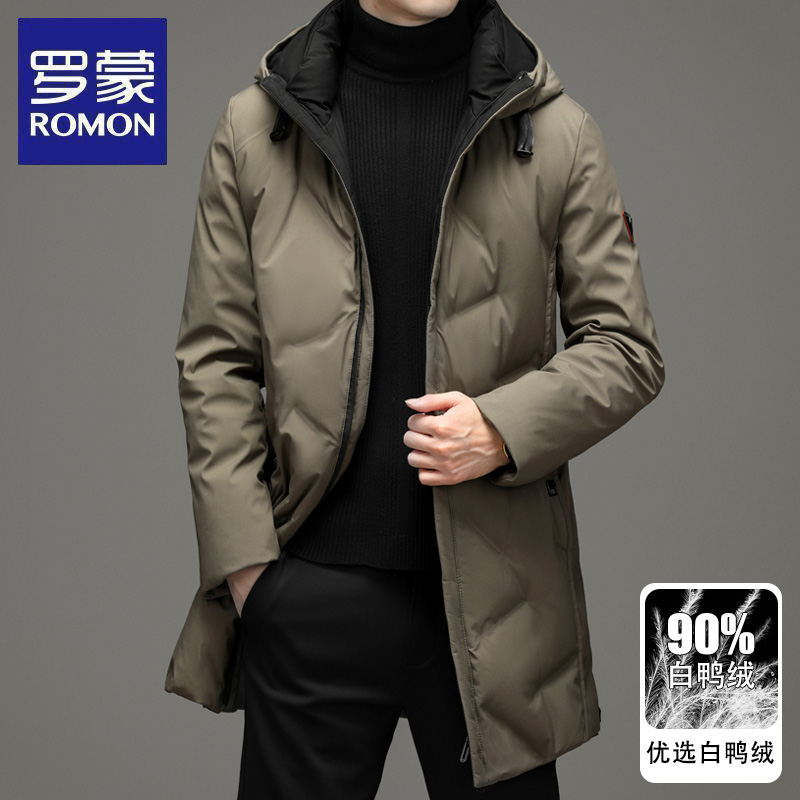 罗蒙羽绒服男士中长款2024年新款冬季连帽加厚保暖白鸭绒商务外套