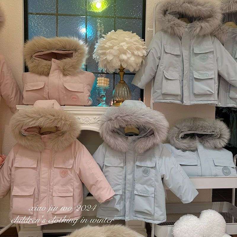 女童棉服冬季新款儿童加绒加棉毛领保暖棉衣女宝宝洋气加厚派克服