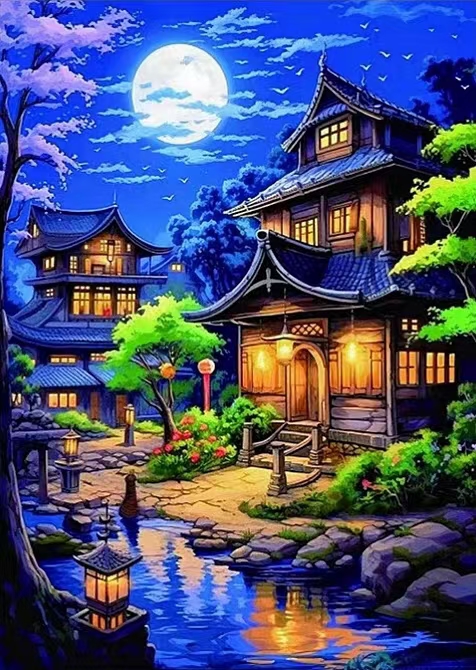 夜色小镇大格四股绣60*80厘米白布44色满绣