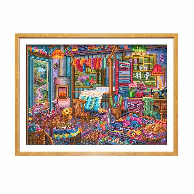 织布坊大格四股绣60*85厘米白布46色满绣