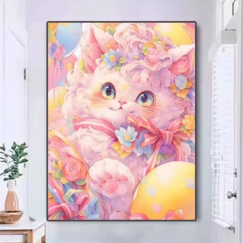 五彩猫咪大格四股绣60*85厘米白布36色满绣