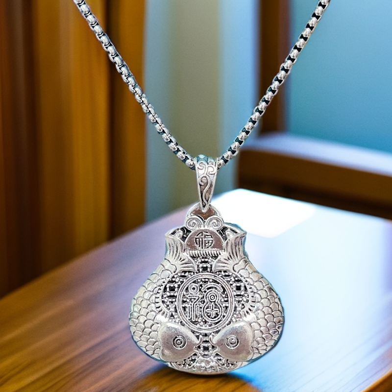 吊坠足银 新款双鱼福袋吊坠，送长链子长款项链毛衣链双面做旧