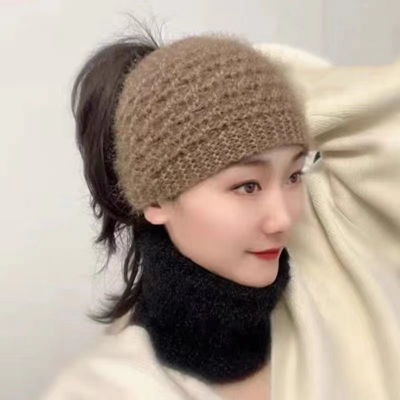 秋冬毛线针织发带帽宽边头巾女头饰护耳头套遮白发头箍保暖发带女