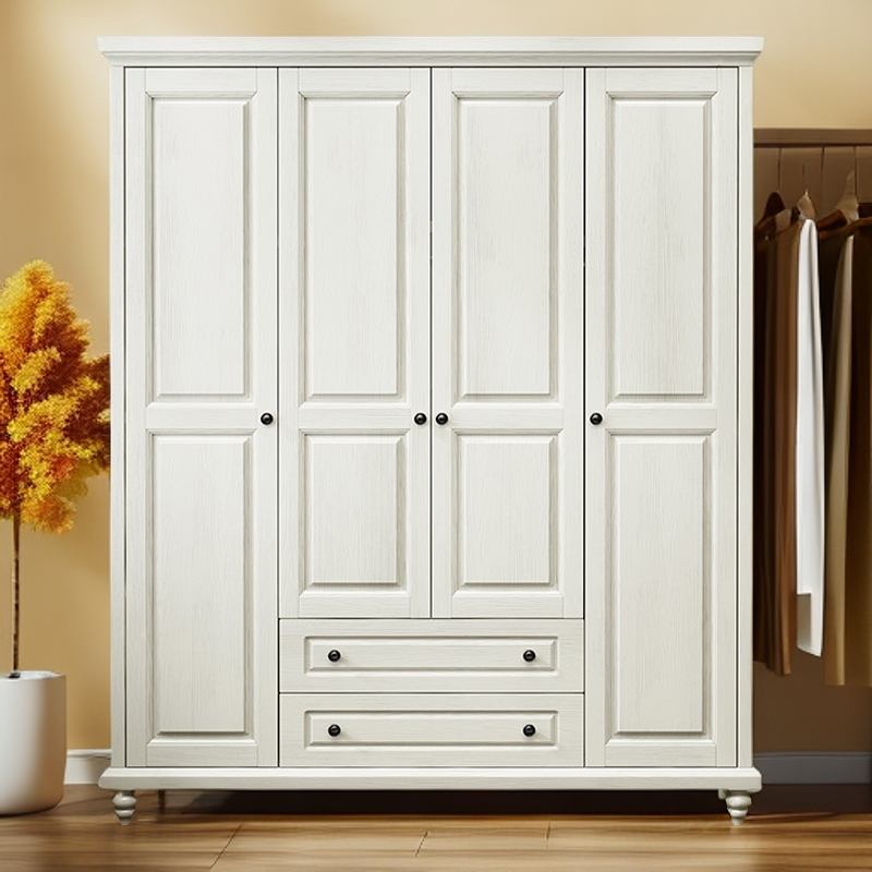 白色美式实木衣柜对开门4门韩式白色平开门带抽屉衣柜工厂直销