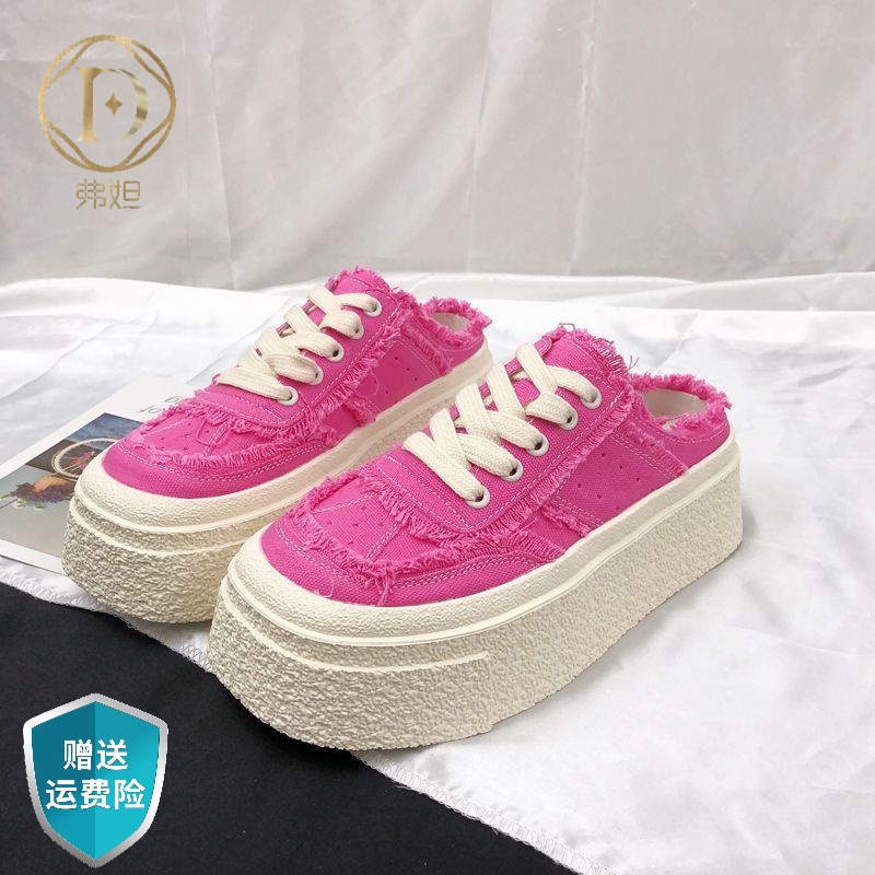 港风chic超火厚底帆布鞋女2023春新款网红增高圆头百搭运动休闲鞋