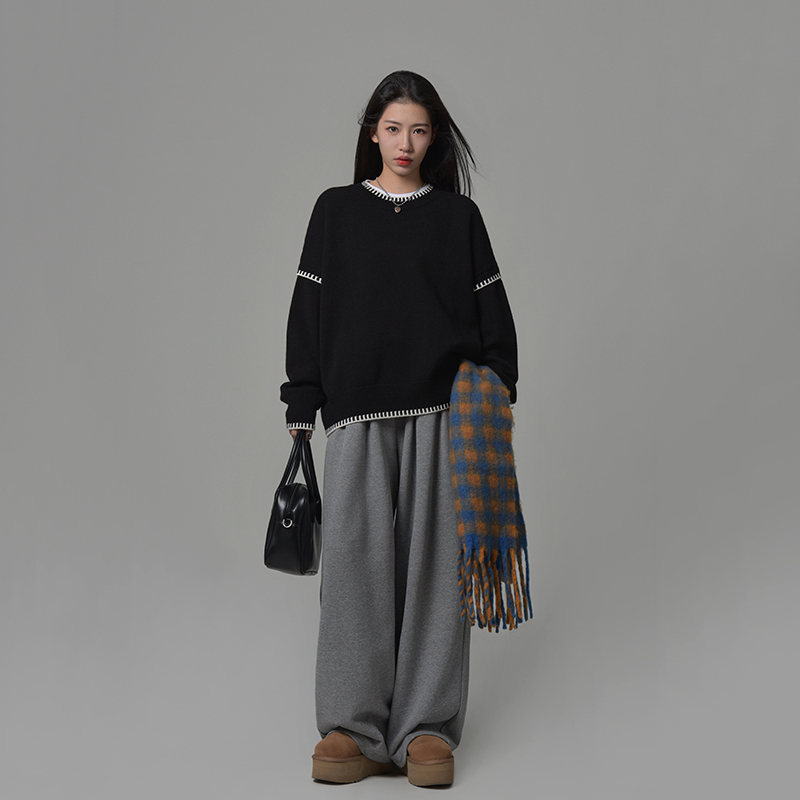 SIXI四喜家秋冬 手缝线迹撞色圆领套头针织毛衣女宽松设计感上衣