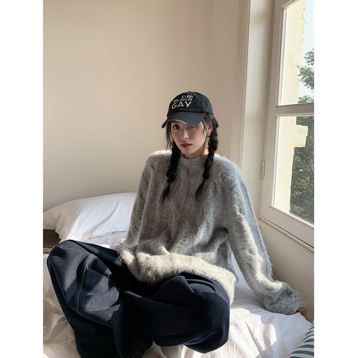 SIXI四喜家 给足温暖 灰色麻花圆领毛衣女秋冬慵懒感加厚针织外套