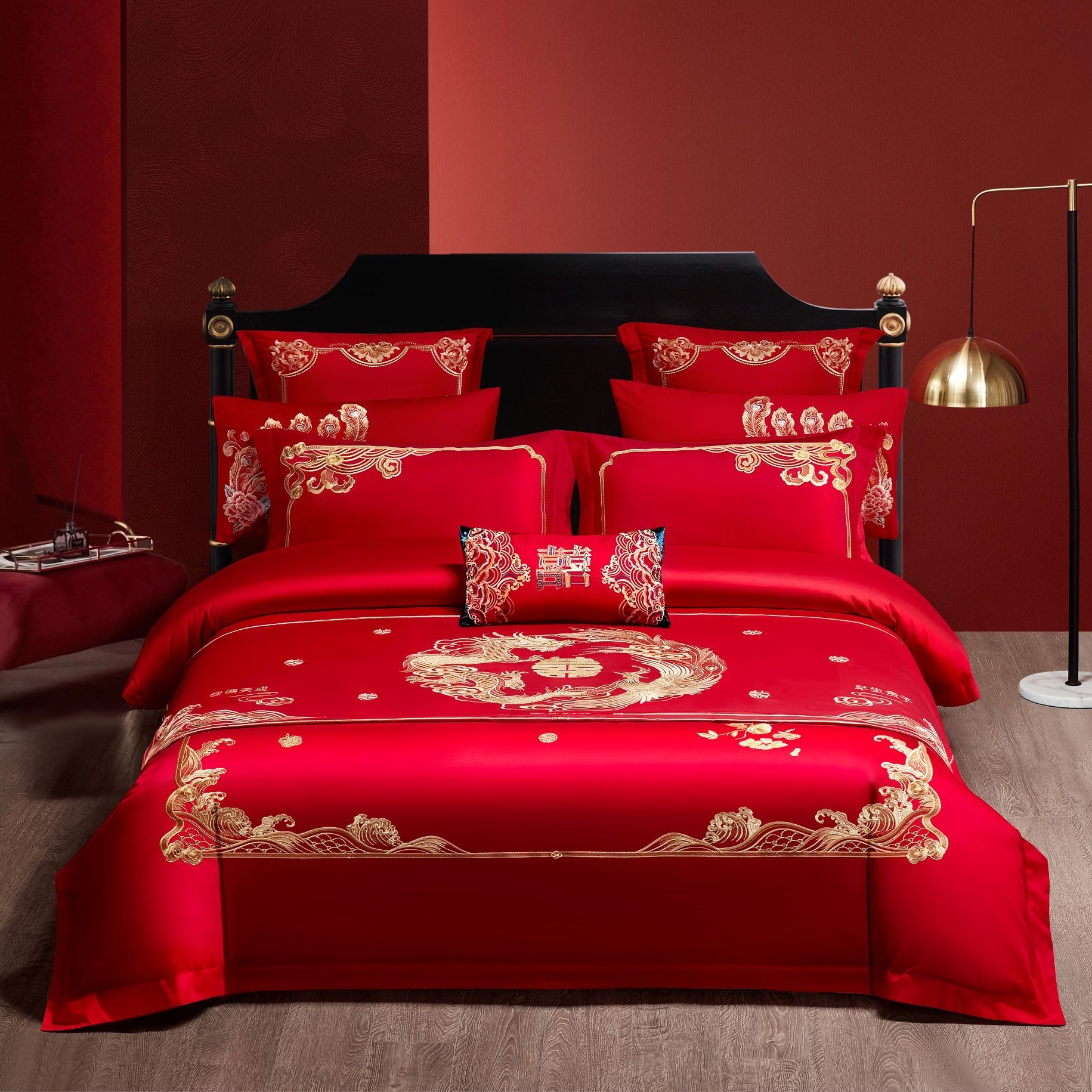 尹黛尔【佳偶天成】婚庆四件套结婚床上用品加厚刺绣带床旗四件套