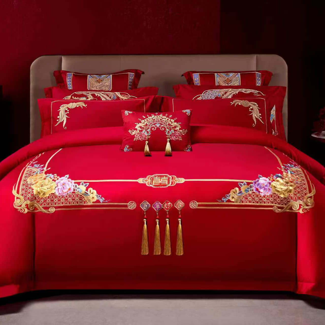 尹黛尔【吉祥如意-金色】结婚床上用品婚庆刺绣四件套加厚大红色
