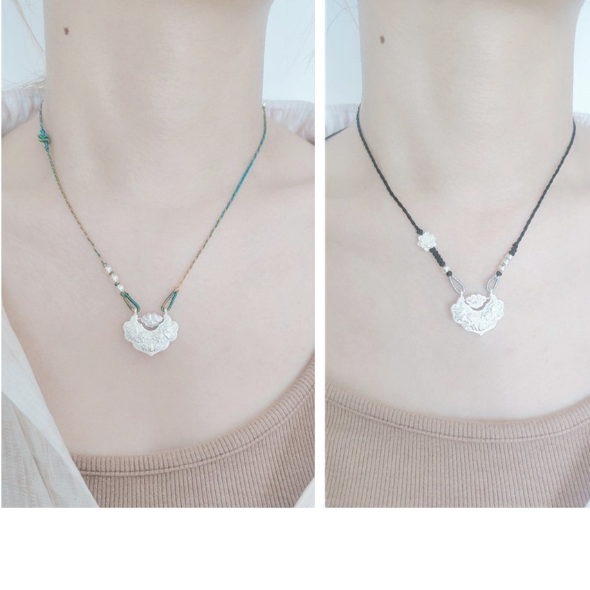 吊坠足银 吊坠足银精品双鲤鱼锁吊坠民族风莲花编绳项链百搭银锁