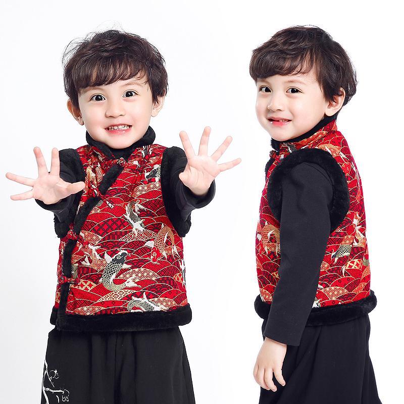 儿童马甲中国风男女童中式加绒唐装背心加厚新年装宝宝秋冬舞台服