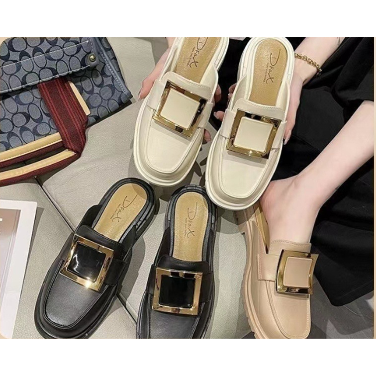 新款包头半拖鞋懒人女外穿时尚方扣室外软平底一脚蹬包头批发代发