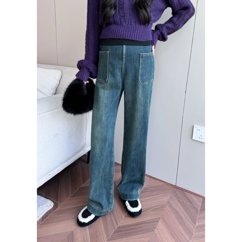 孕妇直筒牛仔裤高腰冬季外穿时尚显瘦宽松高弹加绒阔腿裤长裤