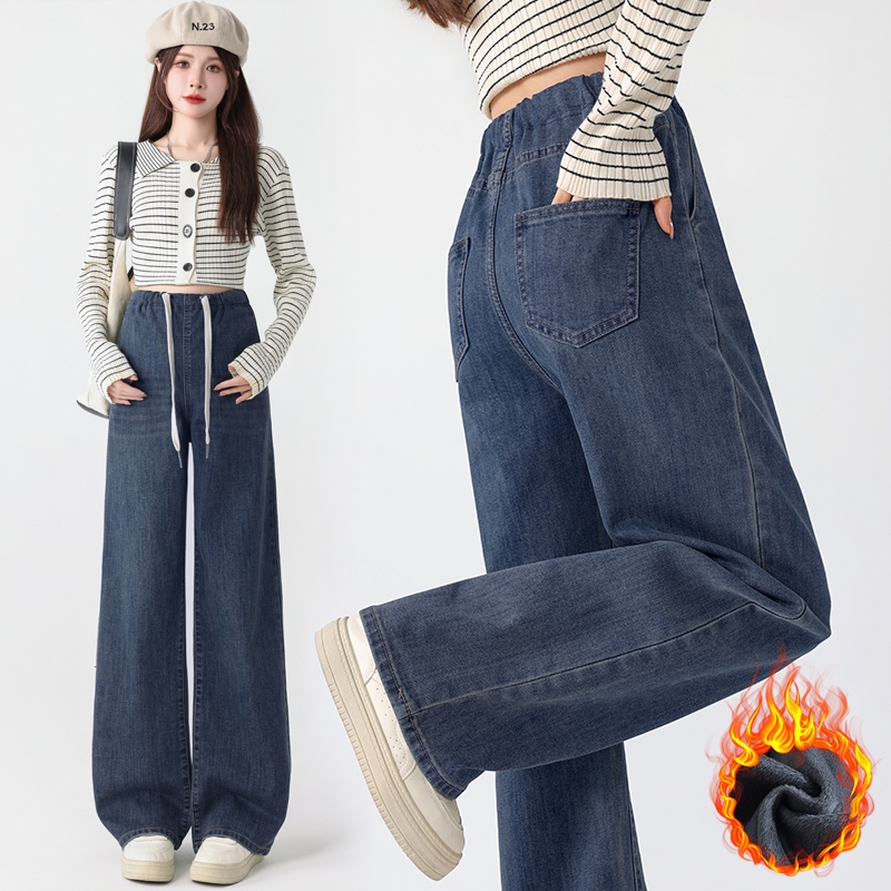 孕妇牛仔裤秋冬外穿加绒加厚休闲时尚直筒阔腿裤春秋款抽绳拖地裤