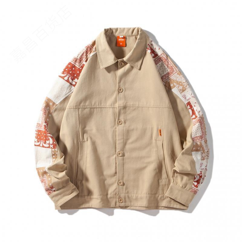 春秋日系复古腰果花拼接立领夹克男潮牌宽松风休闲工装外套