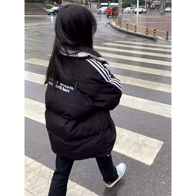 美式街头三条杠羽绒服女冬季2024新款宽松小个子保暖加厚棉服外套