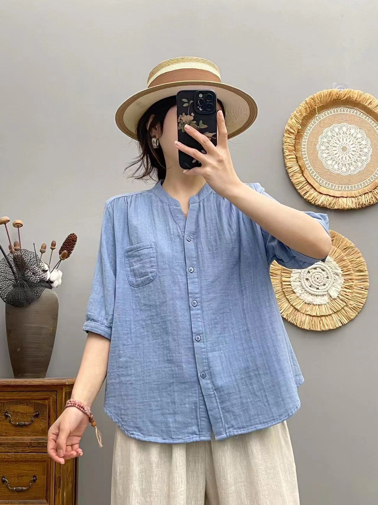 【惠婷婷定制】V领2024春夏新款纯色衬衫遮肚子显瘦上衣