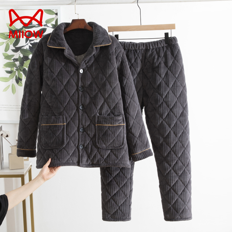 猫人珊瑚绒睡衣男秋冬季三层夹棉袄加绒加厚法兰绒保暖家居服套装