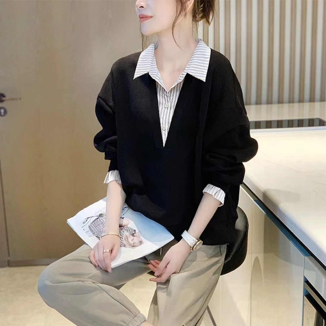 2023春装新款欧货条纹拼接假两件卫衣女高档今年流行别致小众设计