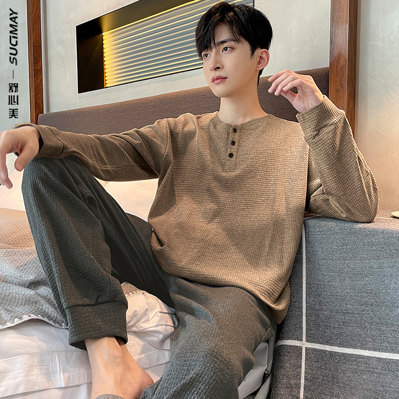 2025年新款时尚男士华夫格睡衣可外穿纯棉春季男士休闲套装春秋款