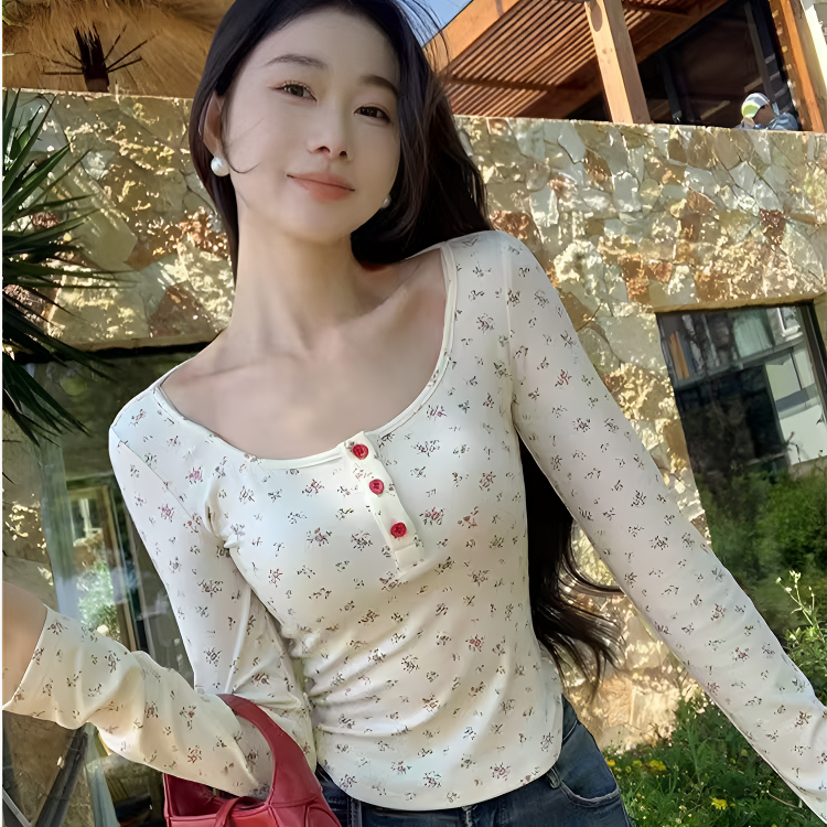 小碎花方领内搭打底衫T恤上衣长袖磨毛冬季修身显瘦带胸垫打底衣