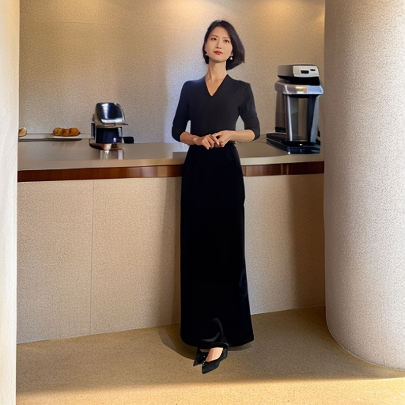 后开衩法式轻奢气质女神范高级感黑色加长款半身裙