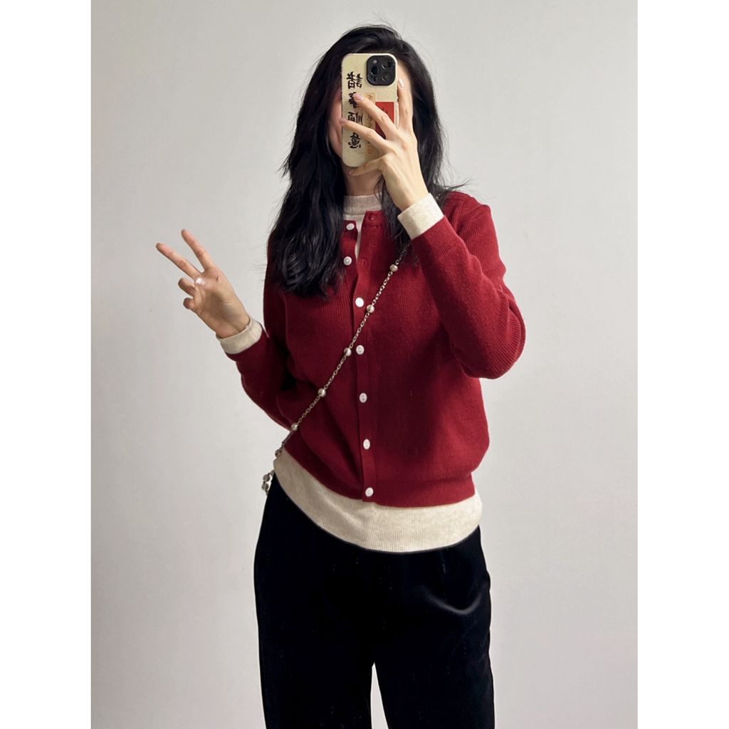 蓝羽老板娘 秋冬新款假两件设计感圆领套头针织衫毛衣LY