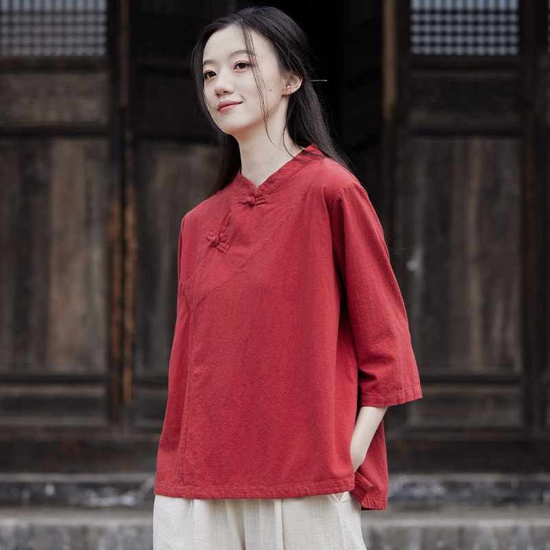夏棉麻女装新中式拼接盘扣立领上衣衬衫女士茶服复古T恤