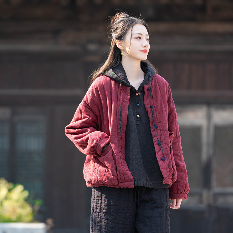 棉麻文艺复古拼色盘扣宽松压条立领短款棉袄女亚麻夹棉加厚棉衣
