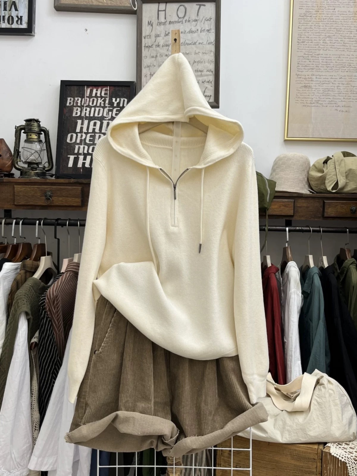 秋冬新款长袖半开领拉链针织衫帽衫女安迪绒宽松内搭外穿卫衣毛衣