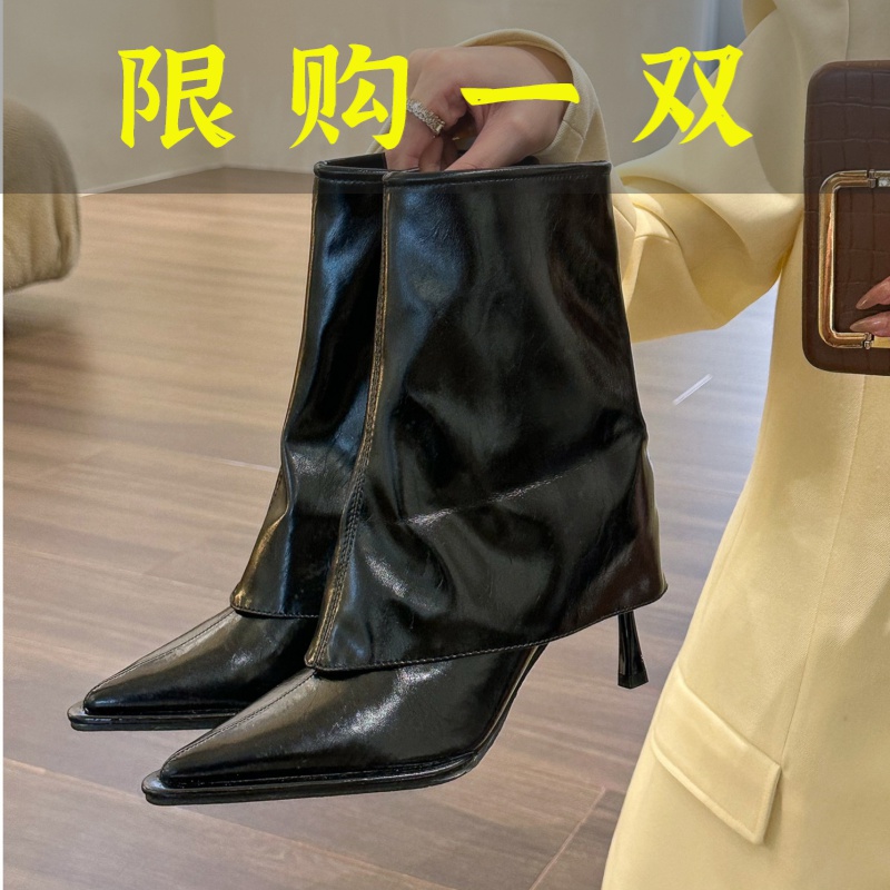 红蜻蜓牌泰酷辣！黑色尖头裤管短靴女2023年秋季新款显瘦裙摆尖