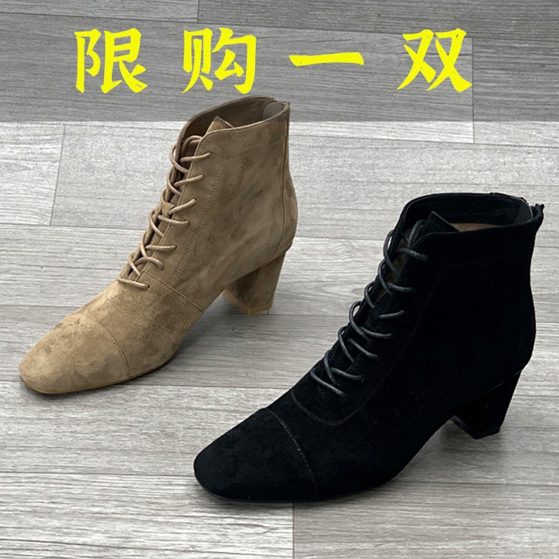 红蜻蜓牌2023秋冬新款女真皮磨砂方头系带粗跟短靴后拉链高跟马
