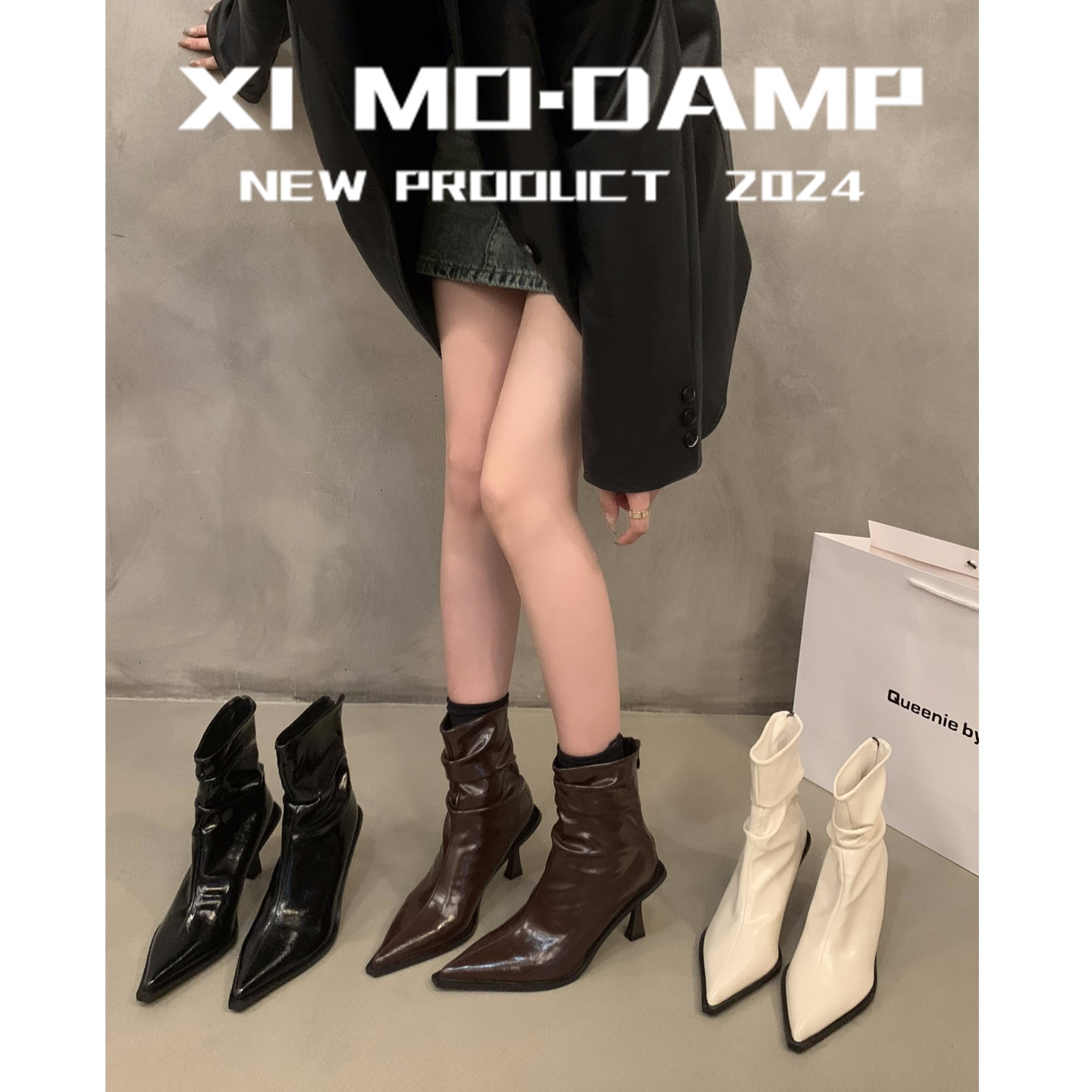 红蜻蜓牌高跟尖头法式小短靴女鞋2023年新款褶皱堆堆靴春秋季单靴