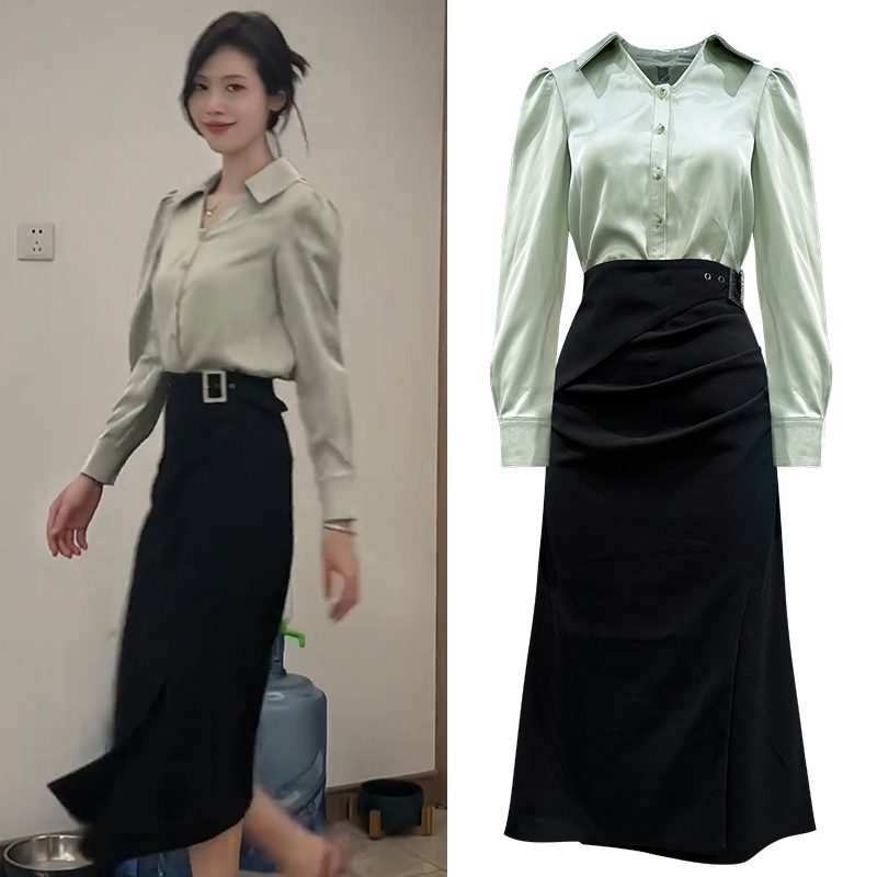 缎面衬衣+半身裙包臀裙女高级感职业装两件套V领衬衫中长款A字裙
