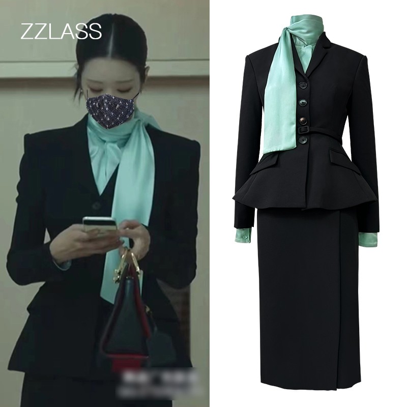 黑色加衬衣半身裙包臀裙套装夏娃徐睿知同款修身小西服财阀千金