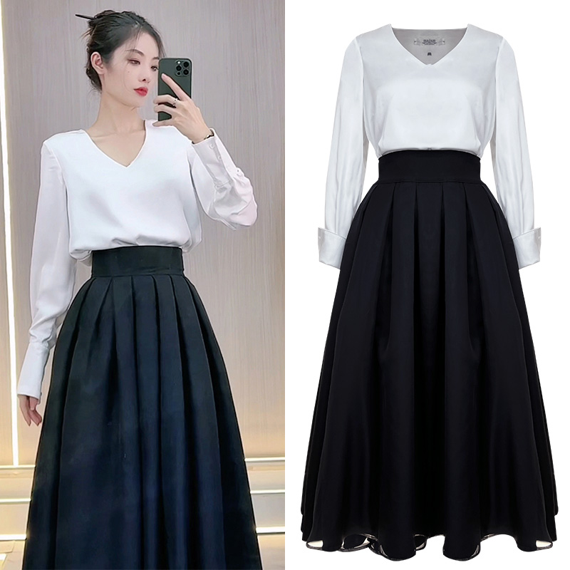 衬衣加黑色蓬蓬裙两件套气质感财阀千金洋气衬衫时尚A字裙套装