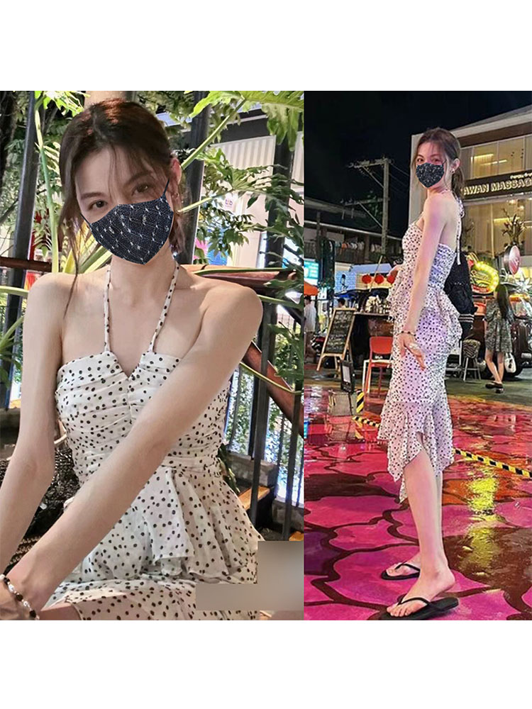 挂脖连衣裙女夏抹胸高腰荷叶边包臀裙中裙一步裙性感气质度假裙子