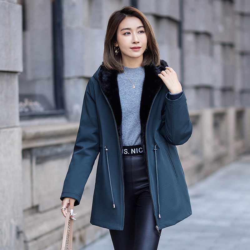 女装派克服短款冬装上衣外套可脱卸水貂内胆连帽加厚中老年妈妈装